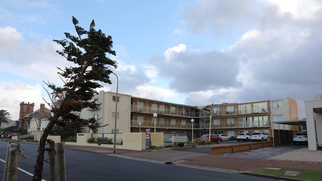 An apartment block at Glenelg North, where the roof blew off. Picture: AAP / Russell Millard