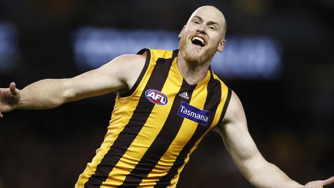 Jarryd Roughead of the Hawks celebrates a goal during the Round 22 AFL match between the Hawthorn Hawks and the Gold Coast Suns at Marvel Stadium in Melbourne, Sunday, August 18, 2019. Photo: AAP Image/Daniel Pockett.