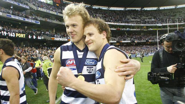 Brothers Nathan and Gary Ablett enjoy Geelong’s 2007 demolition of Port Adelaide.