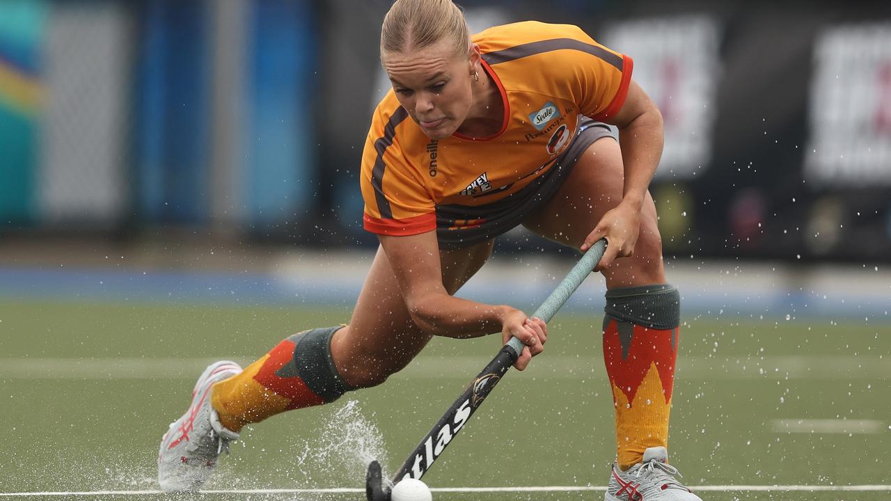 Tatum Stewart scores for Brisbane Blaze during the Hockey One League Women's semi-final Hockey Club Melbourne in 2022. Picture: Getty Images