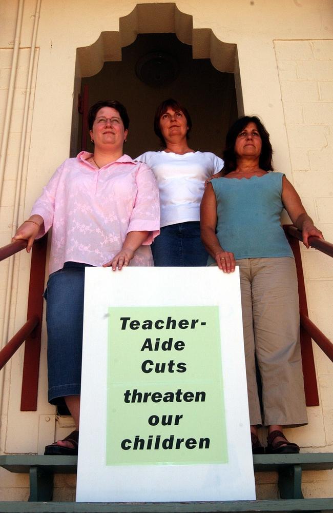 Queensland Teachers Union representatives Abby Thomas, Julieanne Gilbert and Leta Threlfall. Picture: Evan Morgan