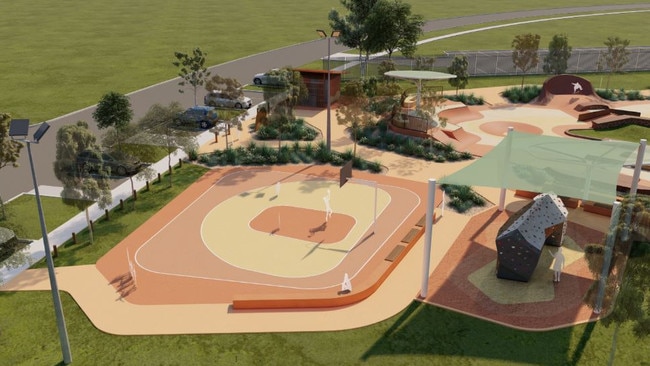 Artistic render of proposed $11.6m regional Skate and Play Precinct at Newland Park, Alice Springs. Picture: Playce