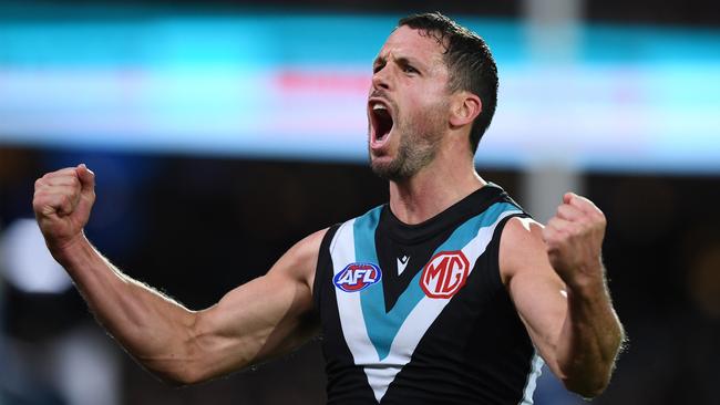 Travis Boak of Port Adelaide celebrates a goal during the round eight match between the Power and the Bulldogs at Adelaide Oval this year. Picture: Mark Brake/Getty Images