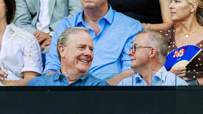 Nine chairman Peter Costello with Anthony Albanese at the Australian Open last year. Picture: Aaron Francis/Tennis Australia