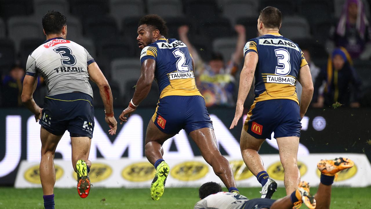 Maika Sivo takes a huge grab before going on to score in the Eels’ win over the Storm on Thursday night. Picture: Cameron Spencer/Getty Images