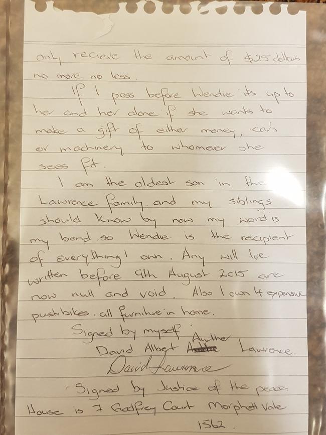 A handwritten will that Dent claimed had been written by Mr Lawrence – the criminal courts heard she was its author. Source: Supreme Court.