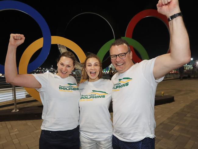 Rio Olympics 2016. The finals of the swimming on day 01, at the Olympic Aquatic Centre in Rio de Janeiro, Brazil. Mack Horton wins Gold while his parents celebrate outside. mum Cheryl Horton, Mack's girlfriend Ella Walter, and dad Andrew Horton. Picture: Alex Coppel.