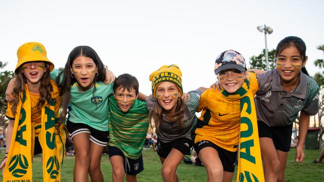 Erin Willoughby, Liana Arias, Jack Furlotte, Nyah Bertschi, Katie Furlotte and Merietta Tira as thousands of fans gather to watch the Matildas take on England in the World Cup Semifinal at Darwin Waterfront. Picture: Pema Tamang Pakhrin