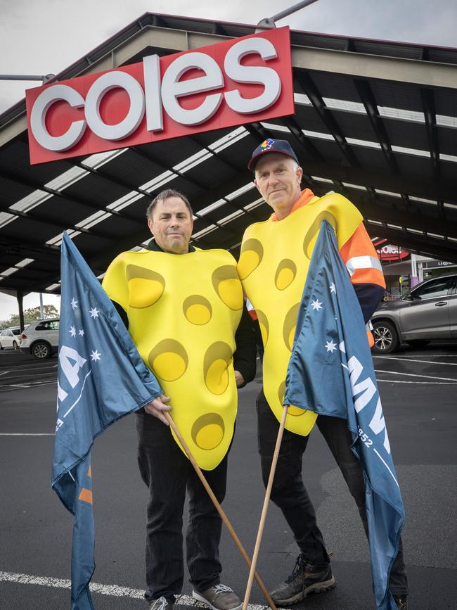 Saputo dairy workers Darren Turner, Tim Butler and AMWU, CFMEU, CEPU, Unions Tasmania, SDA, HACSU at Coles New Town. Picture: Chris Kidd