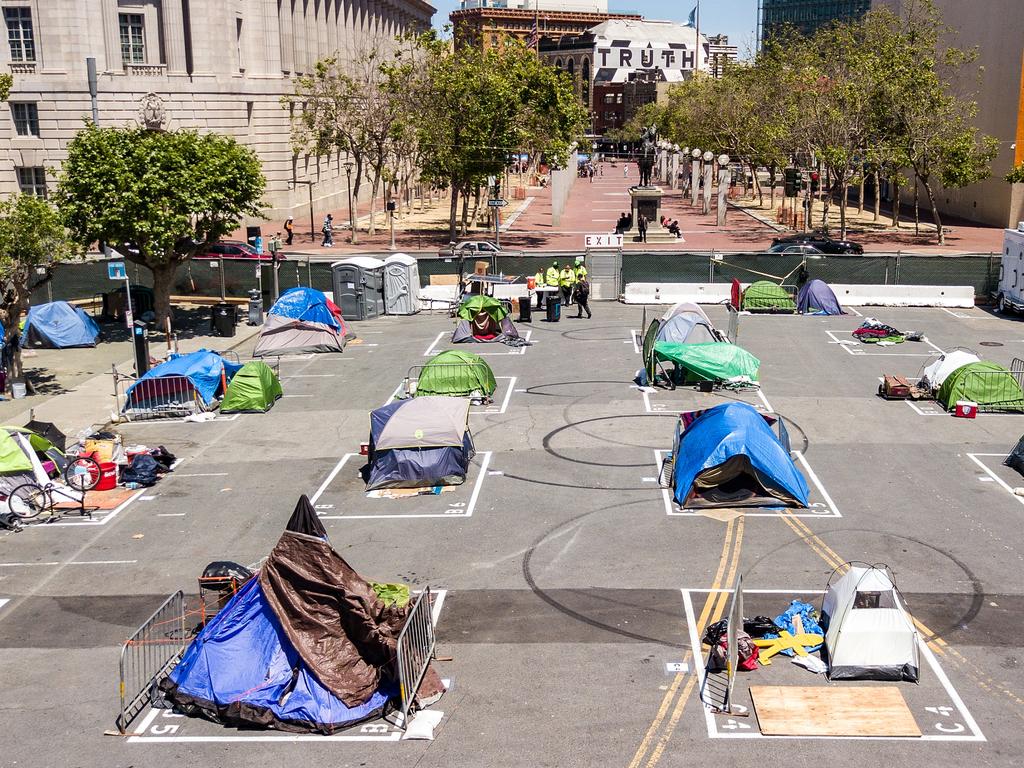 Socially distanced homeless tents across from City Hall in San Francisco. Picture: Josh Edelson/AFP