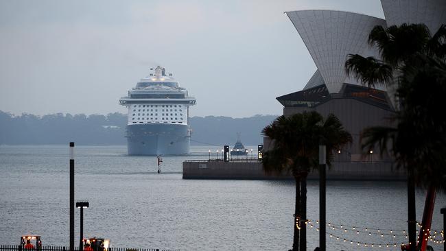 Royal Caribbean Cruises Ovation of the Seas docks into Sydney returning from cruising NZ where fellow passengers were killed by the White Island Volcano explosion last year. Picture: Jane Dempster/The Australian.