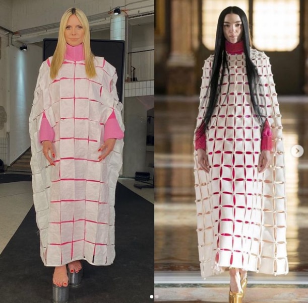 She made the unique dress using toilet paper and compared it Valentino’s actual creation. Picture: Instagram/HeidiKlum