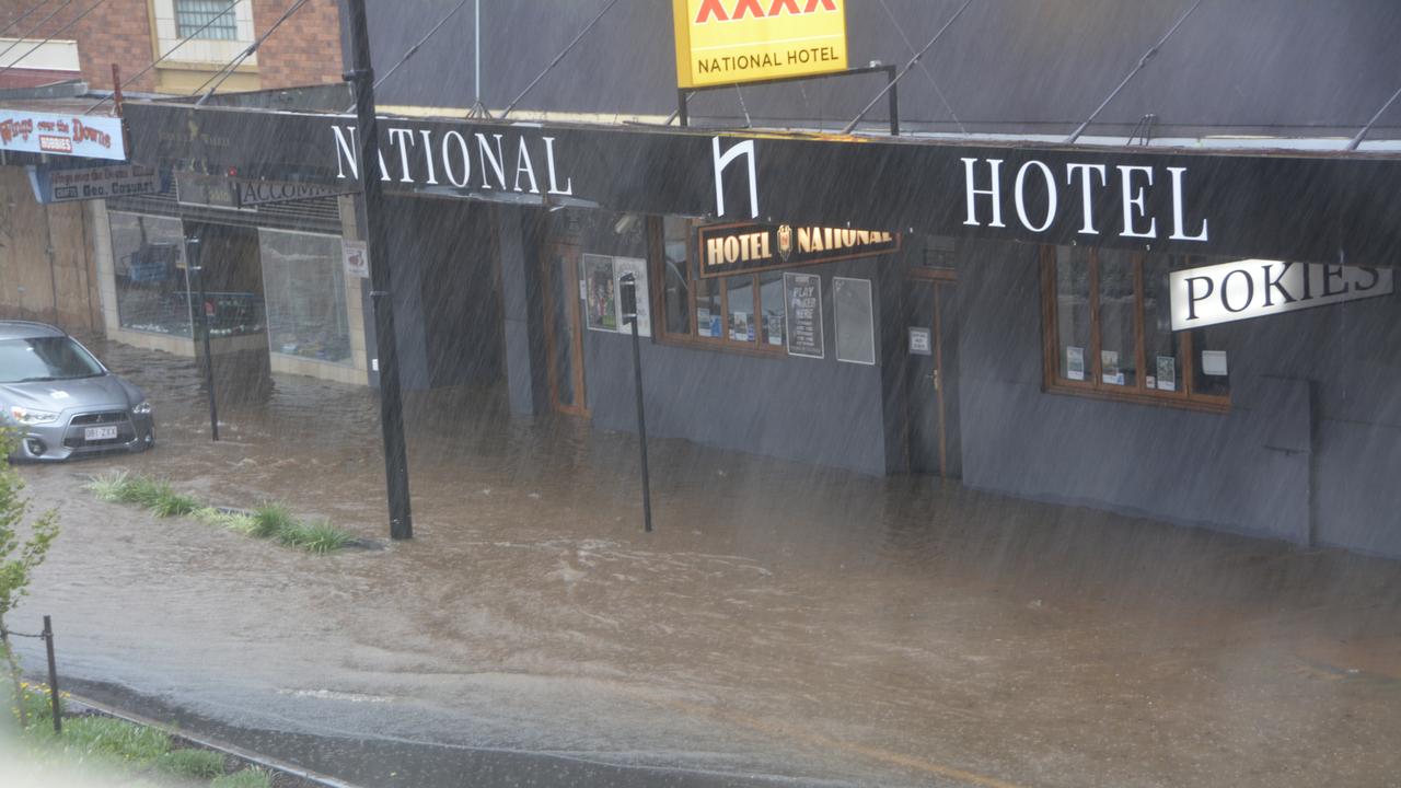 Flooding near the Rowes building, corner of Victoria Street and Russell Street, Toowooomba, February 25, 2022.