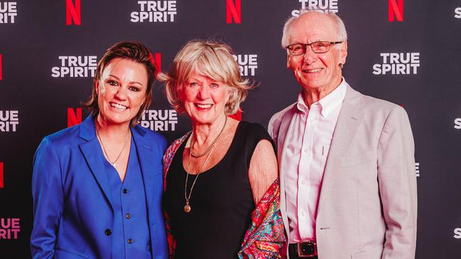 Sarah Spillane and Parents at the True Spirit Netflix global premiere at Brisbane Powerhouse. Picture: Adam Shaw