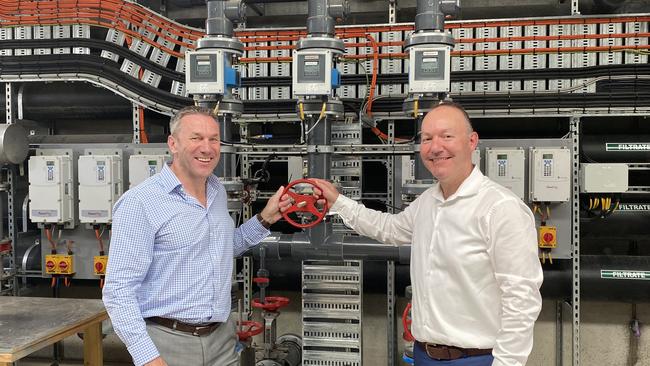 Terry Leckie (left), CEO &amp; Founder Flow Systems with John Vassallo, CEO of Celestino (developer of The Gables) at the new grey water recycle plant at The Gables Box Hill. Picture: Jonathan Ng