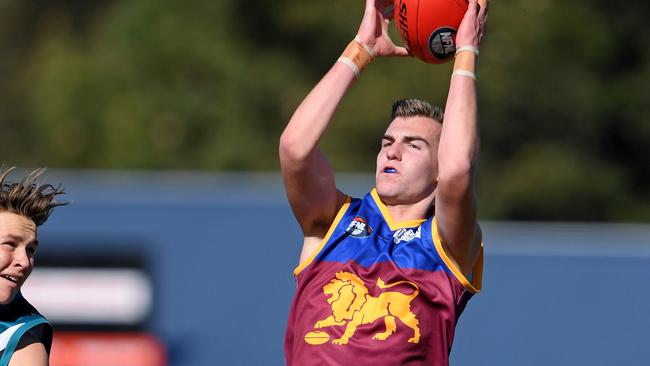 Mitchell Kalpakis, right marks during the NFL preliminary final between Laurimar and  South Morang in Whittlesea, Saturday, Aug. 31, 2019.  Picture: Andy Brownbill