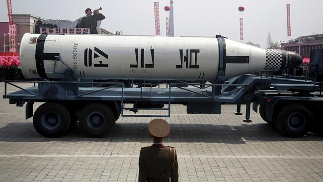 A submarine missile is paraded across the Kim Il-sung Square in Pyongyang, North Korea, on Saturday. Picture: AP Photo/Wong Maye-E