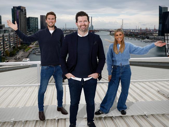 MELBOURNE, AUSTRALIA - OCTOBER 04: Marvel Stadium GM Scott Fitzgerald is seen with Ben Carter and Melissa De Corrado on the Marvel Stadium roof on October 04, 2024 in Melbourne, Australia. (Photo by Michael Willson/AFL Photos)