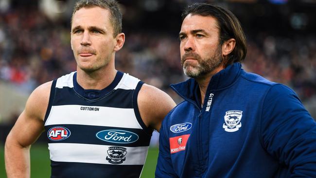 Geelong captain Joel Selwood and coach Chris Scott. Picture: Daniel Carson/AFL Photos via Getty Images