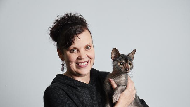 Kerry Faggotter with her Lykoi, Wolverine, 12 months, pose for a picture at the Royal Adelaide Show in Wayville, Friday, Sept. 6, 2019. Picture: Matt Loxton