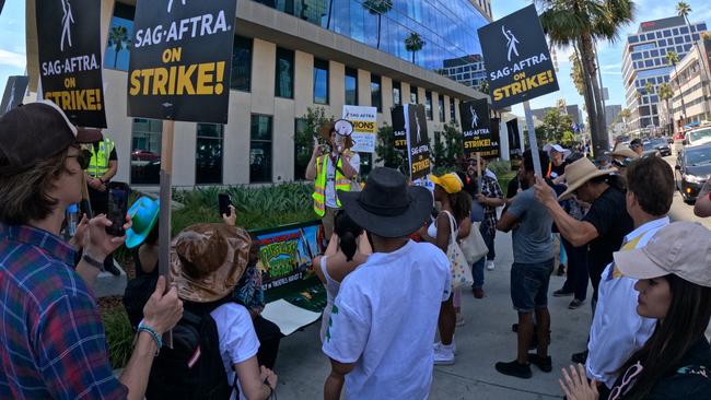 Actors and writers protest outside Netflix headquarters in Hollywood. Picture: Jonathon Moran