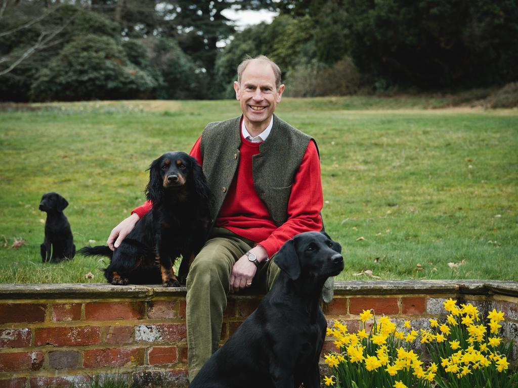 Portrait to mark the 60th birthday of Prince Edward, Duke of Edinburgh with his dogs Teal (Labrador), Mole (Cocker Spaniel), and Teasel (Labrador puppy). Picture: Chris Jelf/Buckingham Palace via Getty Images