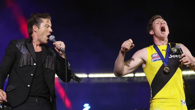 Jack Riewoldt, who was on song for Richmond against the Gold Coast, on stage with The Killers lead singer Brandon Flowers last year. Picture: Alex Coppel.