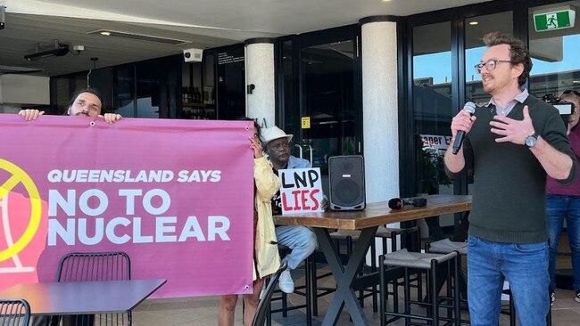 Deputy Director at the QCC Anthony Gough addressing the anti nuclear protest at LNP headquarters in Albion.