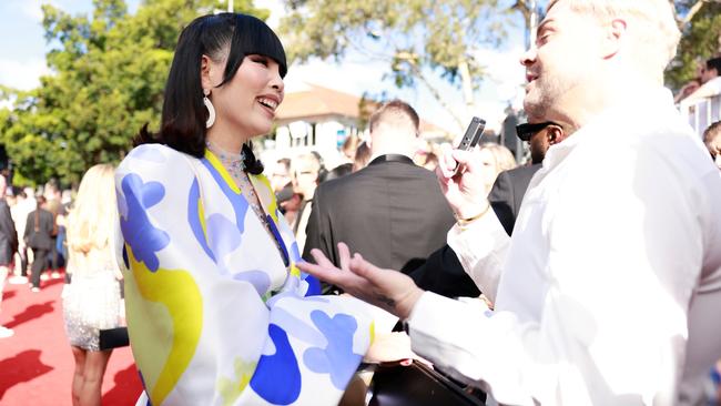 Dami Im's gown is completed with a sheer, beaded plunging neckline. Picture: Getty.