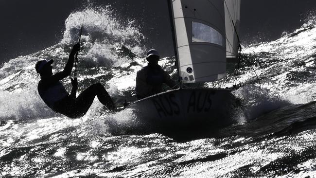 Australia's Will Rian, left, and Mathew Belcher participate in the 470 men race at the 2016 Summer Olympics in Rio de Janeiro, Brazil, Thursday, Aug. 11, 2016. (AP Photo/Bernat Armangue)