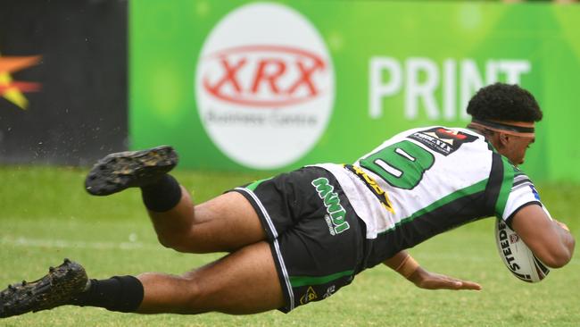 Townsville Blackhawks Jamal Shibasaki scores try. Picture: Evan Morgan