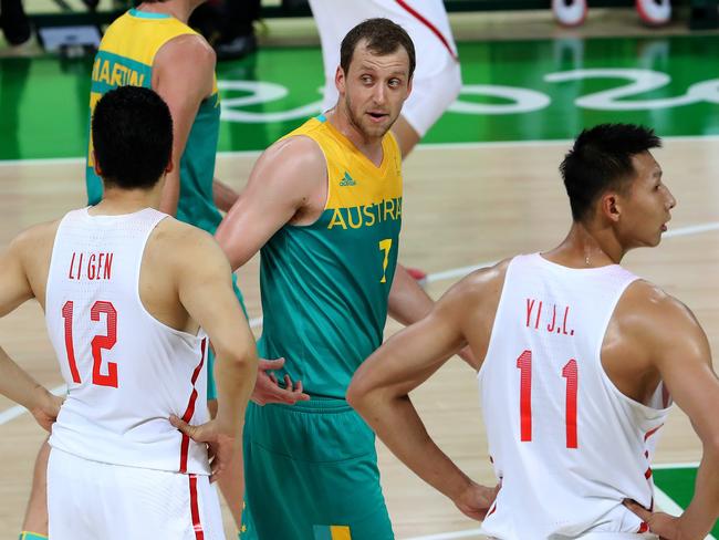 Things get a little heated after a foul by Joe Ingles v China. Picture: Adam Head