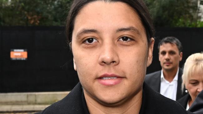 KINGSTON UPON THAMES, ENGLAND - FEBRUARY 3: Australian footballer Sam Kerr arrives outside the Crown Court ahead of her trial for a racial harassment case on February 3, 2025 in Kingston upon Thames, England. The Matildas star, who also plays professionally for Chelsea in the Women's Super League, is facing charges of "racially aggravated harassment" of a police officer related to an incident in Twickenham on January 30, 2023.  (Photo by Leon Neal/Getty Images)