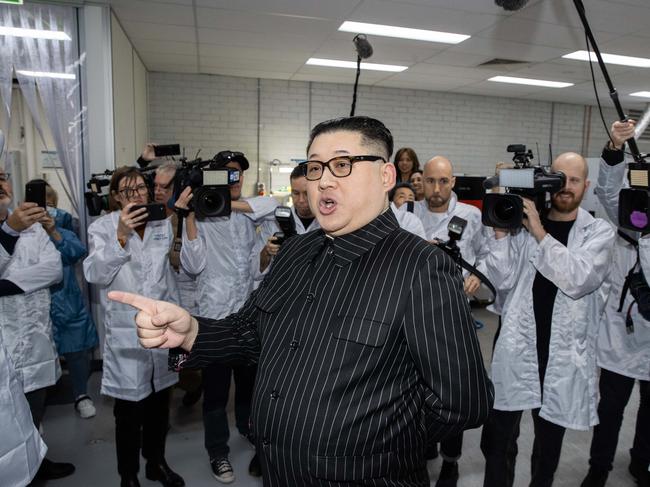 Kim Jong-un impersonator gatecrashes a media opportunity attended by Scott Morrison in May. Picture: Jason Edwards