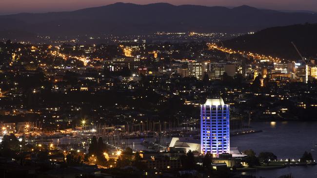 Wrest Point lights up its tower at Hobart. Picture: CHRIS KIDD