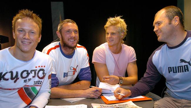 The Gospel radio team on Triple M with Nathan Brown, Peter Everitt, Nick Riewoldt and Jason Dunstall in 2004.