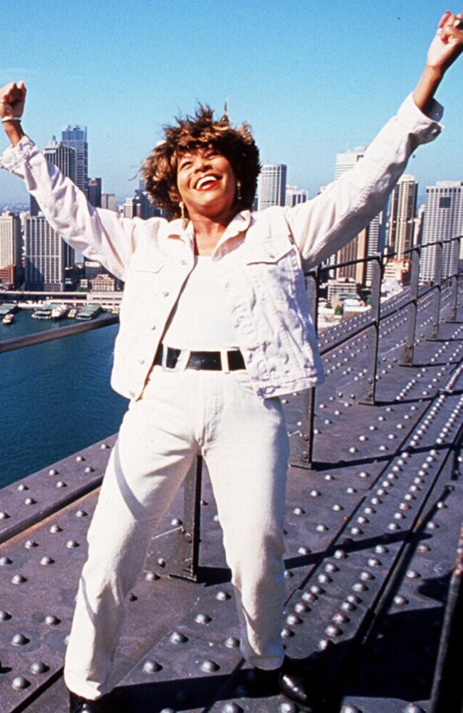 Tina Turner on the Sydney Harbour Bridge recording the launch of the 1995 rugby league season.