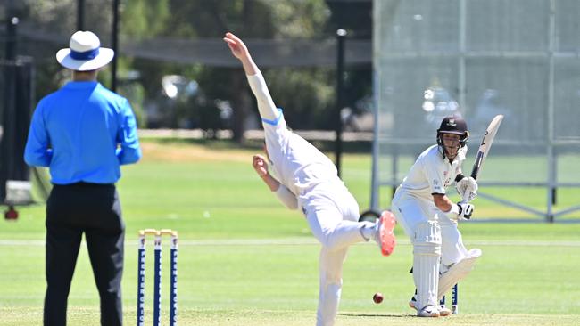 Kyle Brazell (batting) made a strong 64-run innings for Tea Tree Gully on Saturday and looks to be hitting solid form to start the year. Picture: Keryn Stevens