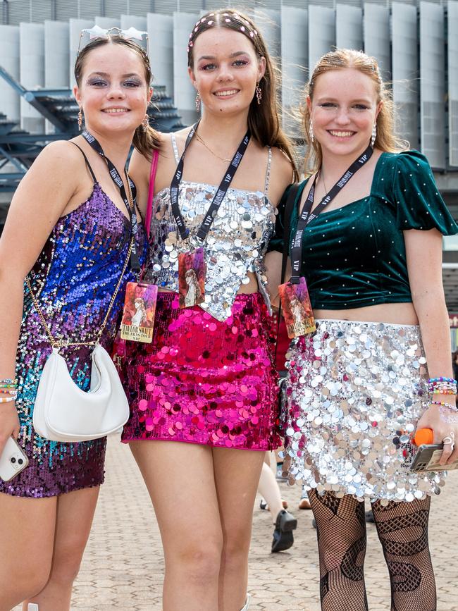 SYDNEY, AUSTRALIA - Daily Telegraph Photos February 26, 2024: Hannah, Olivia and Jasmine at Taylor Swift's The Eras Tour concert held at Accor Stadium in Sydney. Picture: Christian Gilles