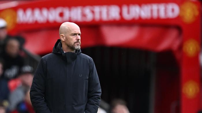 Manchester United's Dutch manager Erik ten Hag returns after the half time break during the English Premier League football match between Manchester United and Liverpool at Old Trafford in Manchester, north west England, on April 7, 2024. (Photo by Paul ELLIS / AFP) / RESTRICTED TO EDITORIAL USE. No use with unauthorised audio, video, data, fixture lists, club/league logos or 'live' services. Online in-match use limited to 120 images. An additional 40 images may be used in extra time. No video emulation. Social media in-match use limited to 120 images. An additional 40 images may be used in extra time. No use in betting publications, games or single club/league/player publications. /
