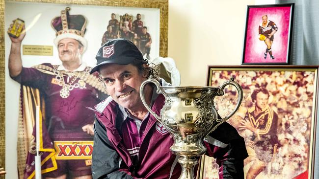 Eddie Lewis, brother of Wally Lewis, with items salvaged from Suncorp Stadium after the Brisbane floods in February. Picture: Richard Walker