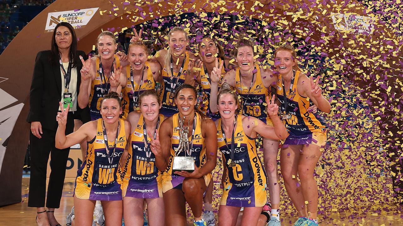 The Lightning celebrate with the championship trophy. Picture: Getty Images