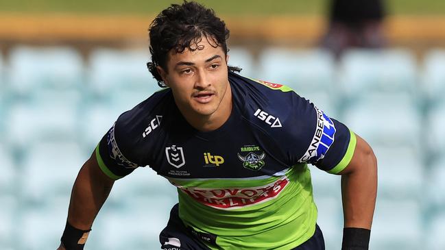 SYDNEY, AUSTRALIA – FEBRUARY 18: Xavier Savage of the Raiders scores a try during the NRL Trial match between the Sydney Roosters and the Canberra Raiders at Leichhardt Oval on February 18, 2022 in Sydney, Australia. (Photo by Mark Evans/Getty Images)