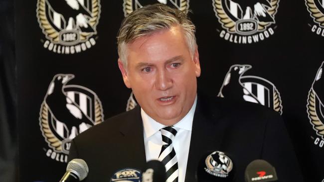 Collingwood’s Eddie McGuire announces his departure from the club presidency. Picture: Alex Coppel