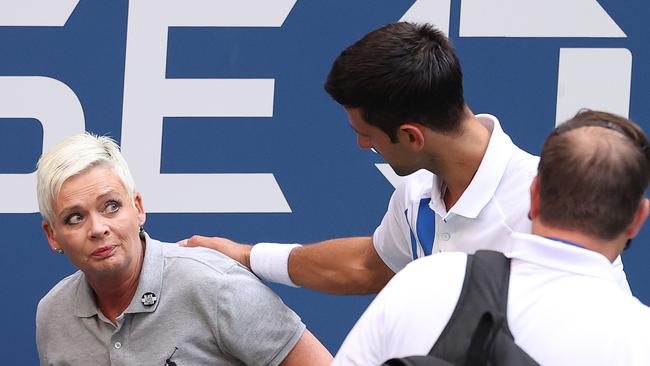 The line judge Novak Djokovic hit at last year’s US Open wasn’t happy. Picture: Al Bello/Getty Images