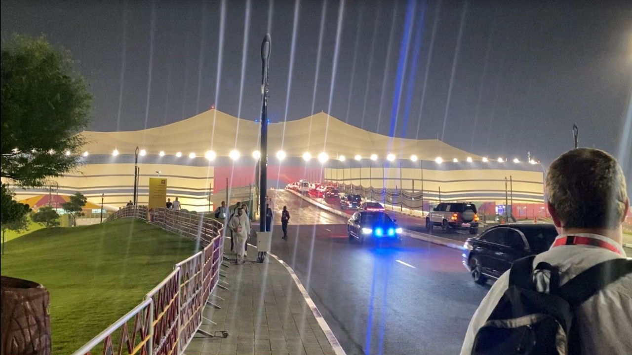 A stream of cars drive into the stadium after full-time of Spain V Germany to pick up VIPs.