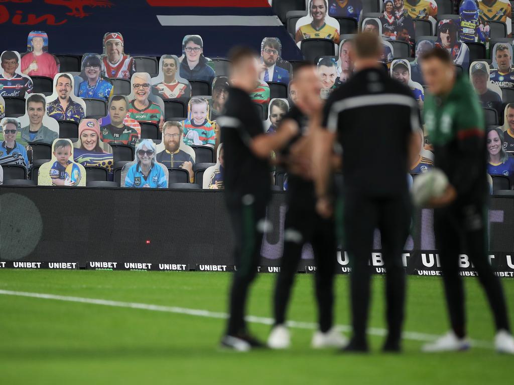 Cardboard fan cut-outs are seen in the empty stand ahead of the round three NRL match between the Sydney Roosters and the South Sydney Rabbitohs at Bankwest Stadium.