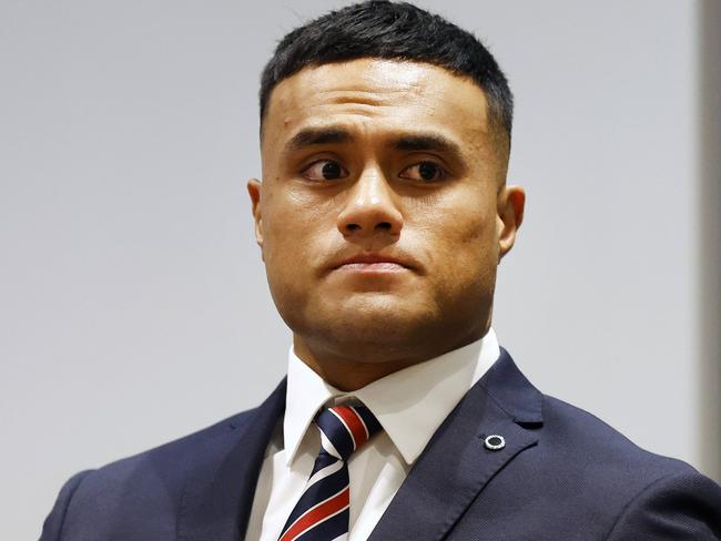 DAILY TELEGRAPH MARCH 11, 2024. Roosters player Spencer Leniu at the NRL Judiciary hearing at Rugby League Central, Moore Park. Picture: Jonathan Ng