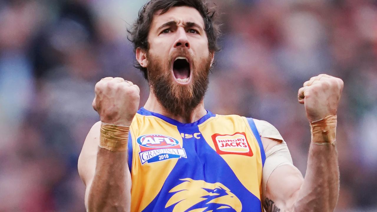 Josh Kennedy celebrates a goal in the 2018 grand final. Picture: Michael Dodge