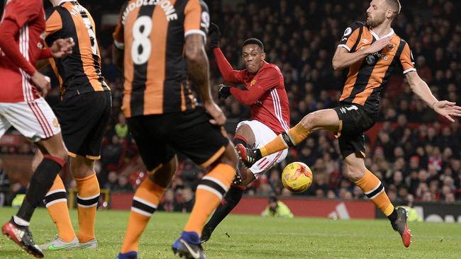 Manchester United's Anthony Martial shoots in the second half.